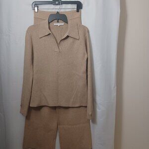 ENGLISH FACTORY KNIT RIBBED COLLARED SWEATER WIDE LEG PANT SET